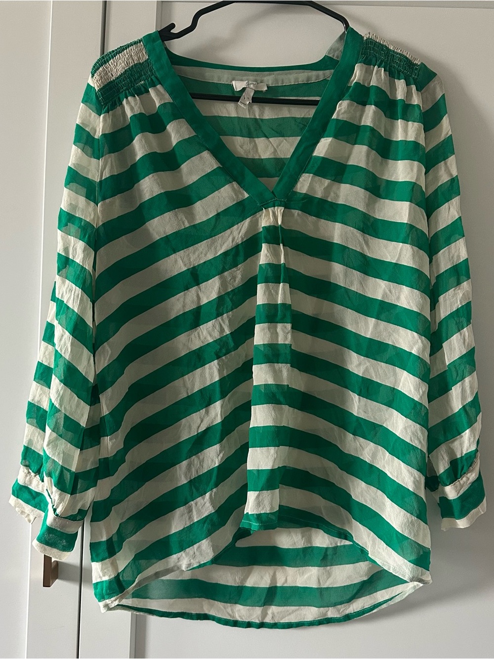 Joie Green and White Striped V-Neck Blouse